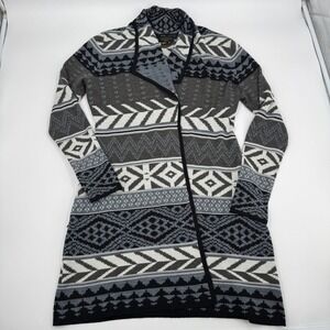 Icelandic Design Cardigan Women Small Grey Geometric Open Front Longline Sweater